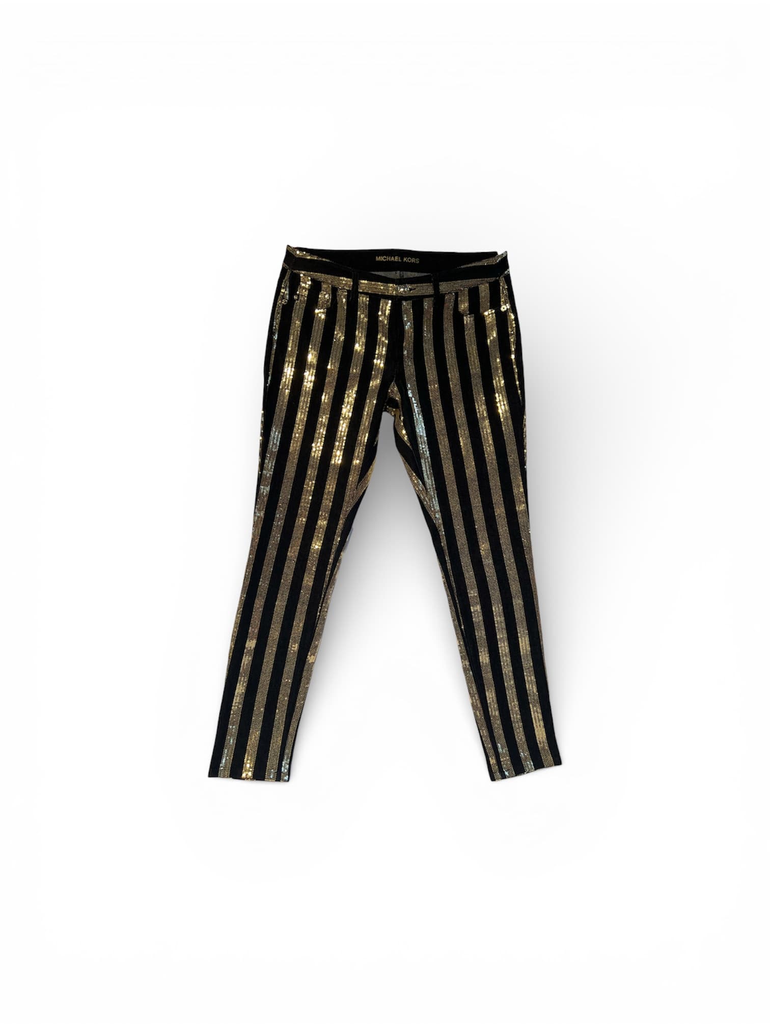 Slim striped sequinned trousers, black and gold